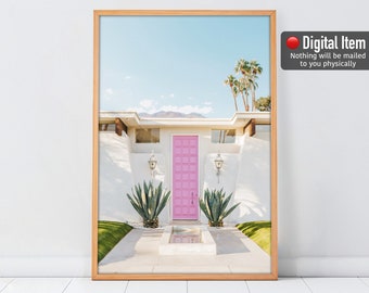 Pink Door Print, Palm Springs Poster, Palm Springs Wall Art, Pastel Tones Print, Digital Download, Door Poster, Tropical Wall Art, Palm Leaf