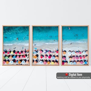 Beach Print, Printable Wall Art, Set of 3 Prints. Umbrellas Aerial Beach Photography.