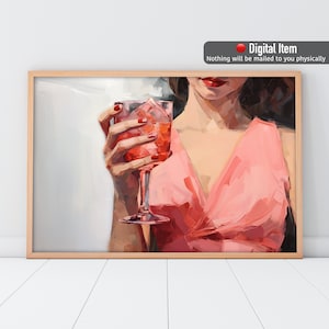 ピンクのカクテル絵画、カクテルを持つ女性、プレッピーな印刷可能なウォールアート。