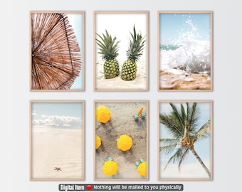 Coastal Wall Art, Beach Prints, Set of 6 Posters, Tropical Print, Palm Print Beach Umbrellas Wall Art Set, Digital Beach Bundle.