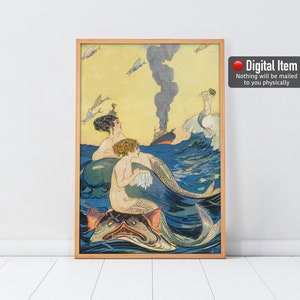 Vintage Mermaids Print, Antique Mermaid Painting, Digital Vintage Art, Mermaid in the Ocean, Printable Vintage Art, Art Nouveau, Art Deco.