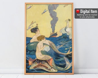 Vintage Mermaids Print, Antique Mermaid Painting, Digital Vintage Art, Mermaid in the Ocean, Printable Vintage Art, Art Nouveau, Art Deco.