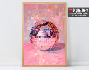 Retro Print Pink Disco Ball Painting. Trendy Wall Art, Preppy Wall Decor, Printable Retro Poster, Pink Groovy Wall Art.