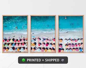 Beach Print Set of 3, Coastal MAILED Print Set, Aerial Beach Umbrellas Set SHIPPED, Beach Wall Art Set of three Prints, Ocean Posters Set.