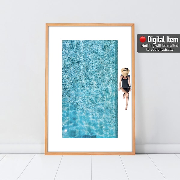 Pool Print. Woman Sunbathes near the Pool Photography. Matted Print. Summer Wall Art, Aerial Beach Print. Digital Pool Art.