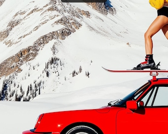 Apres Ski Art Print, Red Porsche and Ski Girl, Retro Car Ski