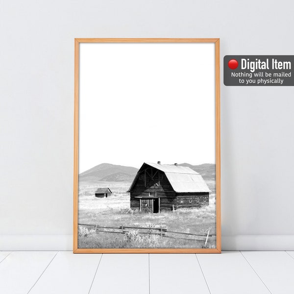 Old Barn Print, Farmhouse Wall Art, Printable Wall Decor, Rustic Farm Poster, Black & White Barn Photography, Modern Wall Art, Barn Field.