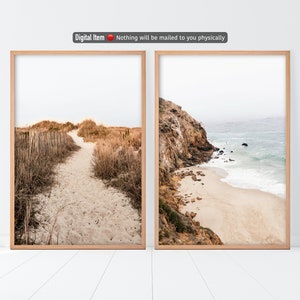 Juego de impresiones costeras, juego de 2 pósteres, arte mural oceánico, impresión de senderos, decoración de pared de playa, juego de 2 obras de arte mural, arte mural neutro, póster de camino al océano