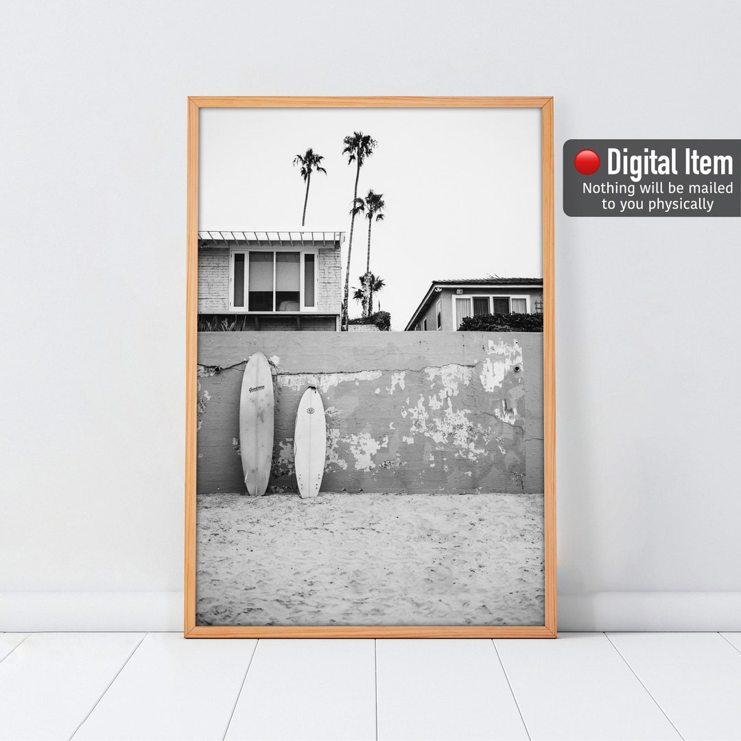 Black and White Surfing Print, Digital Wall Art, Surf Black White Decor