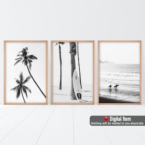Surf Print Set of 3 Black and White Prints, Set of three, Beach Print, Palm Trees, Surfboard Wall Art, Printable Wall Art, Fun Home Decor.