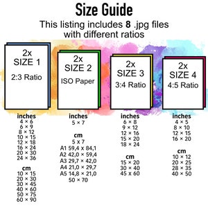 May include: Size guide graphic with four rectangular frames labeled Size 1, 2, 3, and 4, each with a different aspect ratio. The guide lists sizes in inches and centimeters, including 4x6, 5x7, 6x8, and 4x5, along with their metric equivalents.
