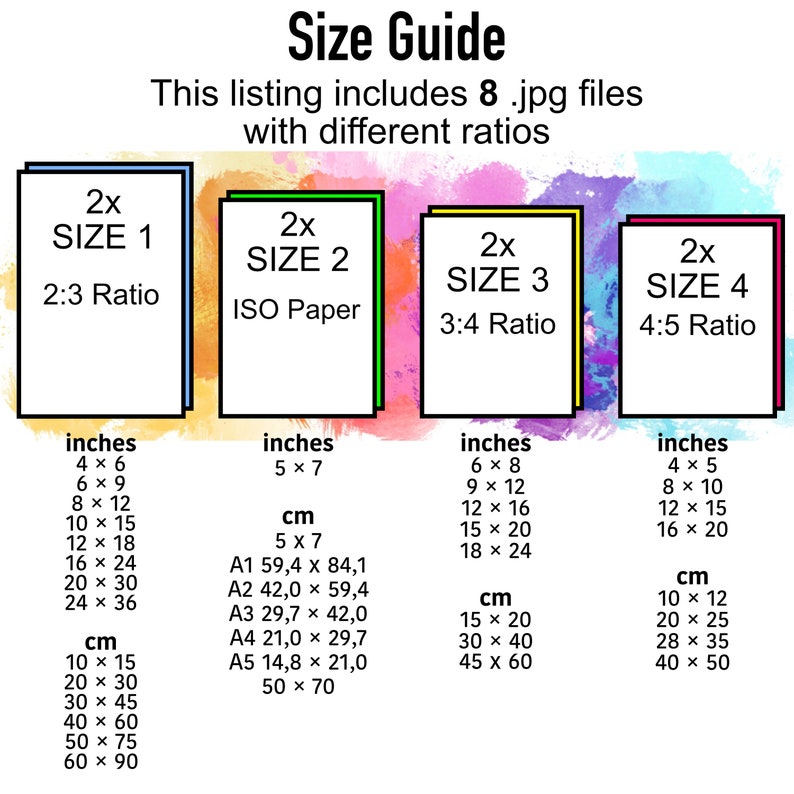 May include: Size guide graphic with four rectangular frames labeled Size 1, 2, 3, and 4, each with a different aspect ratio. The guide lists sizes in inches and centimeters, including 4x6, 5x7, 6x8, and 4x5, along with their metric equivalents.