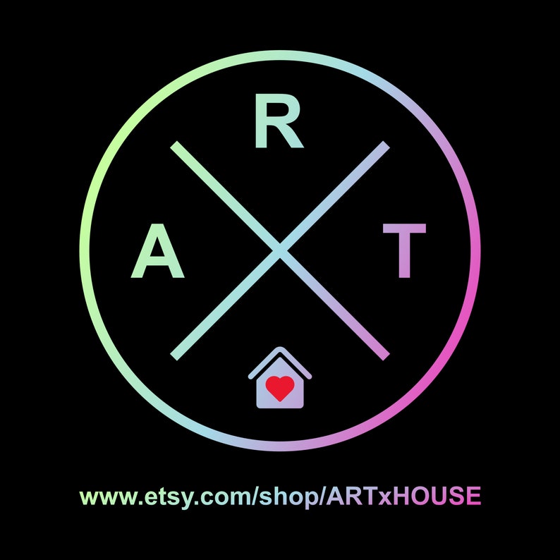 May include: A rainbow-colored circle with a white cross inside. The letters "ART" are at the corners of the cross, and a small house with a red heart inside is at the center. The text "www.etsy.com/shop/ARTxHOUSE" is below the circle.
