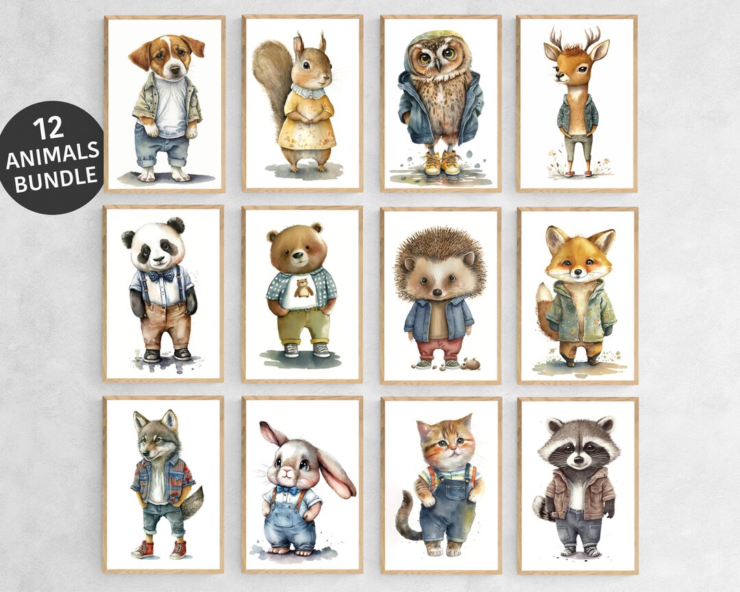 Cute Animals Wall Art Set, 12 Nursery Prints Bundle, Watercolor Woodlands Animals, Printable