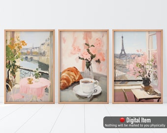 Set of 3 Soft Pink Paris Wall Art, Trendy Wall Decor, France Wall Art Set, Pastel Pink Decor, Preppy Wall Art.
