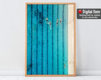 Póster de piscina, impresión de piscina retro, impresión digital, fotografía de personas en la piscina, arte de pared de piscina de verano, regalo para nadadores, piscina oceánica.