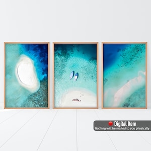 Conjunto de 3 impresiones de playa, impresión aérea de playa, conjunto de 3 impresiones costeras, póster aéreo del océano, fotografía de playa, arte mural extragrande, arte de verano