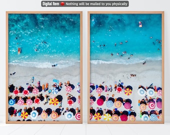 Juego de 2 sombrillas de playa con impresión aérea, arte mural costero, fotografía de playa. Impresión digital de verano.