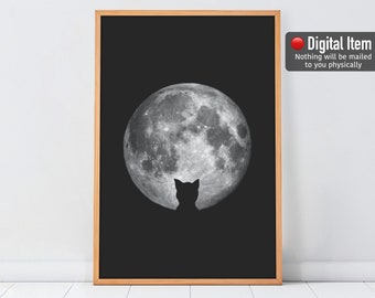 Impresión de Luna de Gato Negro: Arte mural espacial oscuro (Descarga digital)