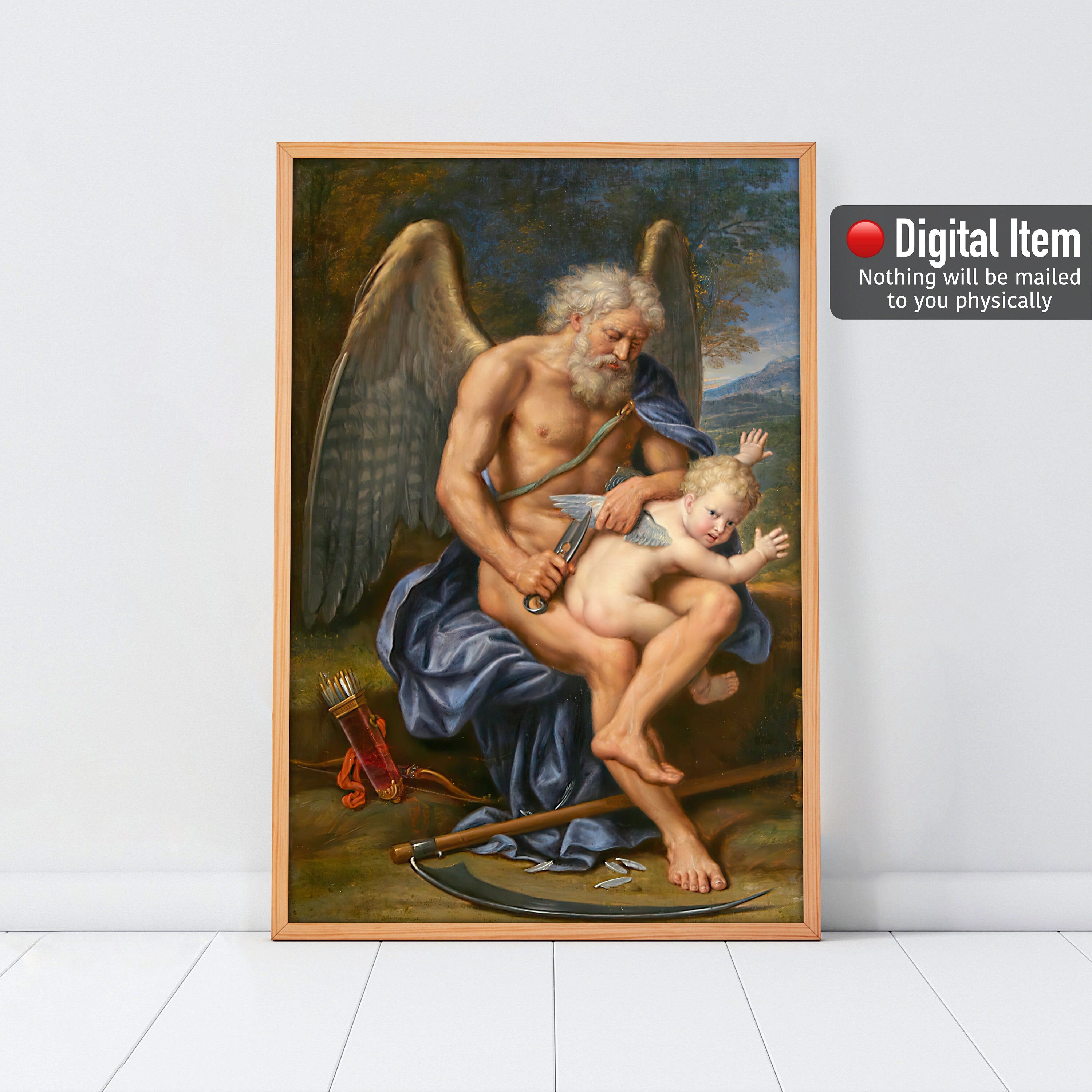 Cupid Wall Art, Vintage Painting, Time Clipping Cupid's Wings, Baroque Antique Wall Art, Printable Vintage Art.