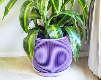 Planter Pot With Drainage, Lavender Melon Design for Small and Large Plants [Water Plate Included] Outdoor and Indoor use Plant Pot