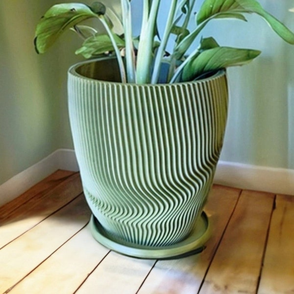Planter Pot With Drainage, Avocado Green Risa Design for Small and Large Plants [Water Plate Included] Outdoor and Indoor use Plant Pot