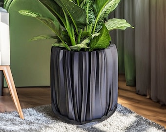 Planter Pot With Drainage, Charcoal Black Kurtain Design for Small and Large Plants [Water Plate Included] Outdoor and Indoor use Plant Pot