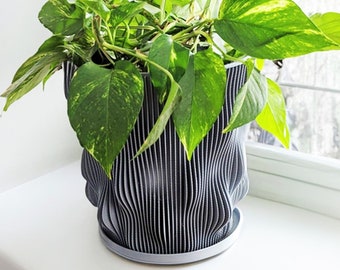 Planter Pot With Drainage, Gray Wave Design for Small and Large Plants [Water Plate Included] Outdoor and Indoor use Plant Pot