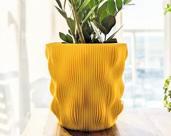 Planter Pot With Drainage, Lemon Yellow Wave Design for Small and Large Plants [Water Plate Included] Outdoor and Indoor use Plant Pot
