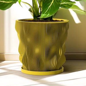 Planter Pot With Drainage, Pear Green Wave Design for Small and Large Plants [Water Plate Included] Outdoor and Indoor use Plant Pot