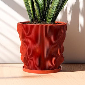 Planter Pot With Drainage, Orange Wave Design for Small and Large Plants [Water Plate Included] Outdoor and Indoor use Plant Pot