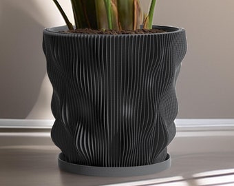 Planter Pot With Drainage, Gray Wave Design for Small and Large Plants [Water Plate Included] Outdoor and Indoor use Plant Pot