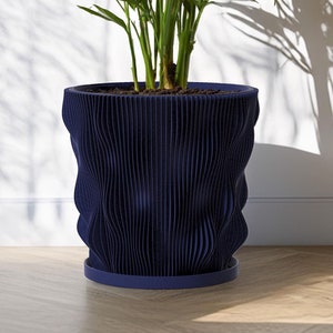 Planter Pot With Drainage, Deep Blue Wave Design for Small and Large Plants [Water Plate Included] Outdoor and Indoor use Plant Pot