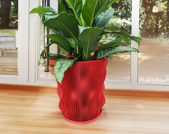 Planter Pot With Drainage, Lava Red Wave Design for Small and Large Plants [Water Plate Included] Outdoor and Indoor use Plant Pot