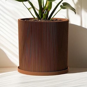 Planter Pot With Drainage, Nut Brown Ray Design for Small and Large Plants [Water Plate Included] Outdoor and Indoor use Plant Pot