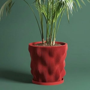 Planter Pot With Drainage, Lava Red Wave Design for Small and Large Plants [Water Plate Included] Outdoor and Indoor use Plant Pot