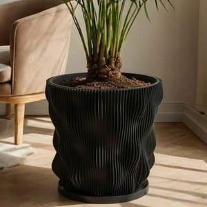 Planter Pot With Drainage, Charcoal Black Wave Design for Small and Large Plants [Water Plate Included] Outdoor and Indoor use Plant Pot
