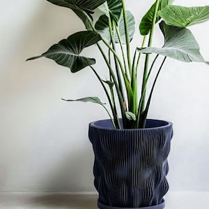 Planter Pot With Drainage, Deep Blue Wave Design for Small and Large Plants [Water Plate Included] Outdoor and Indoor use Plant Pot