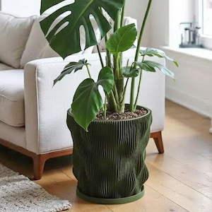 Planter Pot With Drainage, Avocado Green Wave Design for Small and Large Plants [Water Plate Included] Outdoor and Indoor use Plant Pot