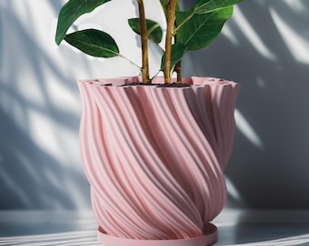 Planter Pot With Drainage, Candy Pink Fractal Design for Small and Large Plants [Water Plate Included] Outdoor and Indoor use Plant Pot