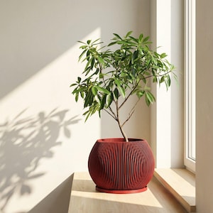 Cache-pot design melon rouge lave avec système de drainage et plaque à eau