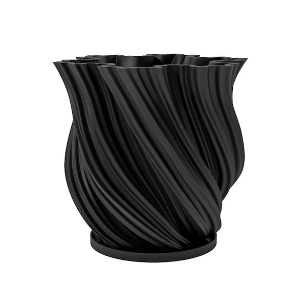 Planter Pot With Drainage, Charcoal Black Fractal Design for Small and Large Plants [Water Plate Included] Outdoor and Indoor use Plant Pot