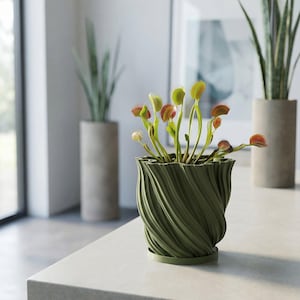 Avocado Green Fractal Design Planter Pot with Drainage & Water Plate