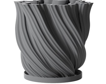 Planter Pot With Drainage, Grey Fractal Design for Small and Large Plants [Water Plate Included] Outdoor and Indoor use Plant Pot