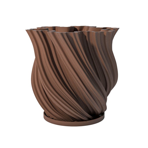 Planter Pot With Drainage, Nut Brown Fractal Design for Small and Large Plants [Water Plate Included] Outdoor and Indoor use Plant Pot