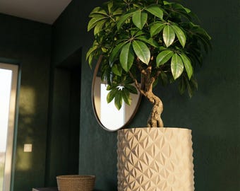 Beige Knurl Design Planter Pot with Drainage & Water Plate