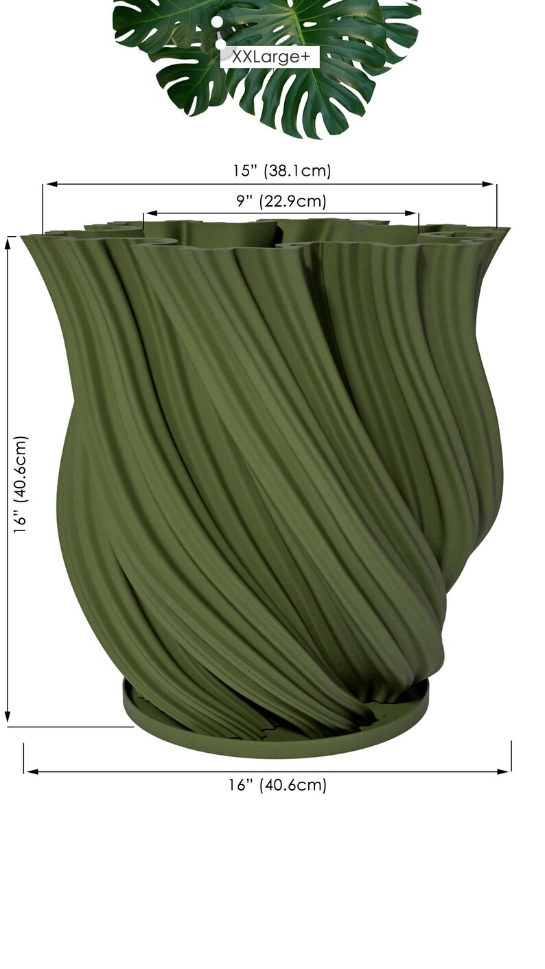 Planter Pot With Drainage, Avocado Green Fractal Design for Small and Large Plants Water Plate Included Outdoor and Indoor use Plant Pot XXL+ [16" Height]