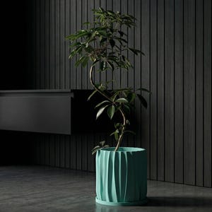 Sky Blue Kurtain Design Planter Pot with Drainage & Water Plate