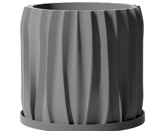 Planter Pot With Drainage, Grey Kurtain Design for Small and Large Plants [Water Plate Included] Outdoor and Indoor use Plant Pot