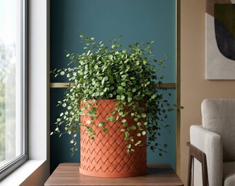 Terracotta Orange Weave Design Planter Pot with Drainage & Water Plate